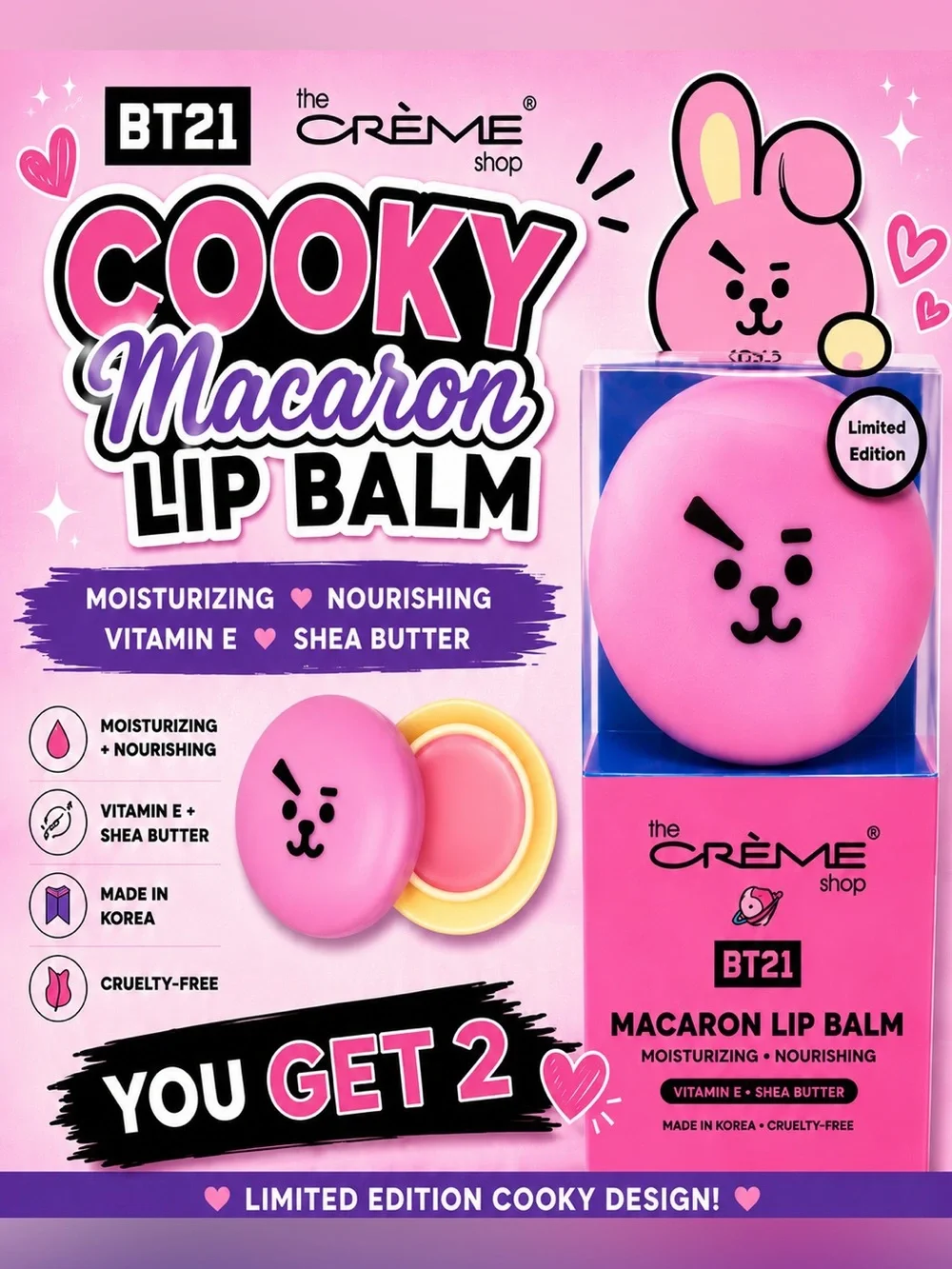 The Crème Shop x BT21 COOKY Macaron Lip Balm Duo – Limited Edition NIB